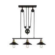 DecorBites™ industrial black wide flare pulley pendant light with three bulbs and brass accents for restaurant use