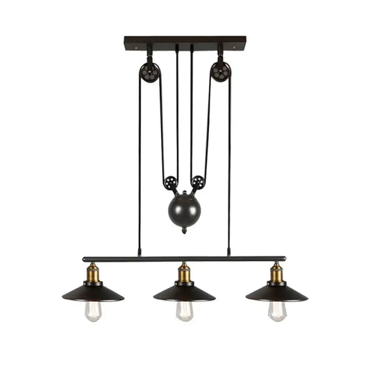 DecorBites™ industrial black wide flare pulley pendant light with three bulbs and brass accents for restaurant use