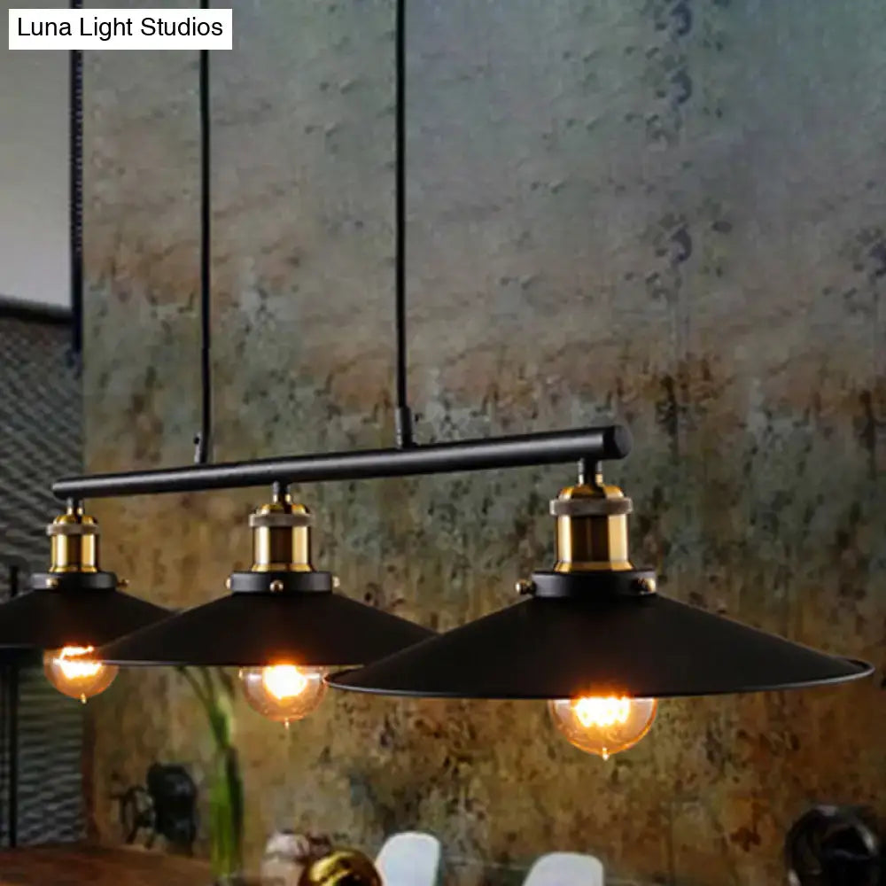Decorbites industrial black wide flare pulley pendant light with three brass fixtures and exposed filament bulbs for restaurants