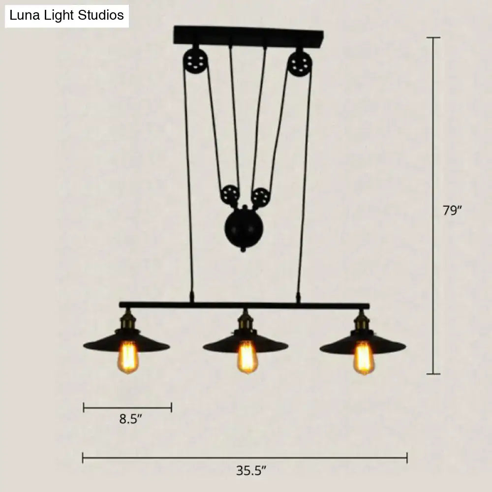 DecorBites™ industrial black wide flare pulley pendant light with three exposed bulbs for restaurant use