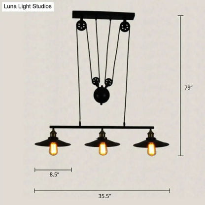 DecorBites™ industrial black wide flare pulley pendant light with three exposed bulbs for restaurant use