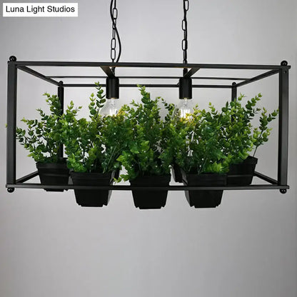 Black metal rectangular pendant light fixture with four hanging plant pots and exposed bulb lighting by DecorBites™