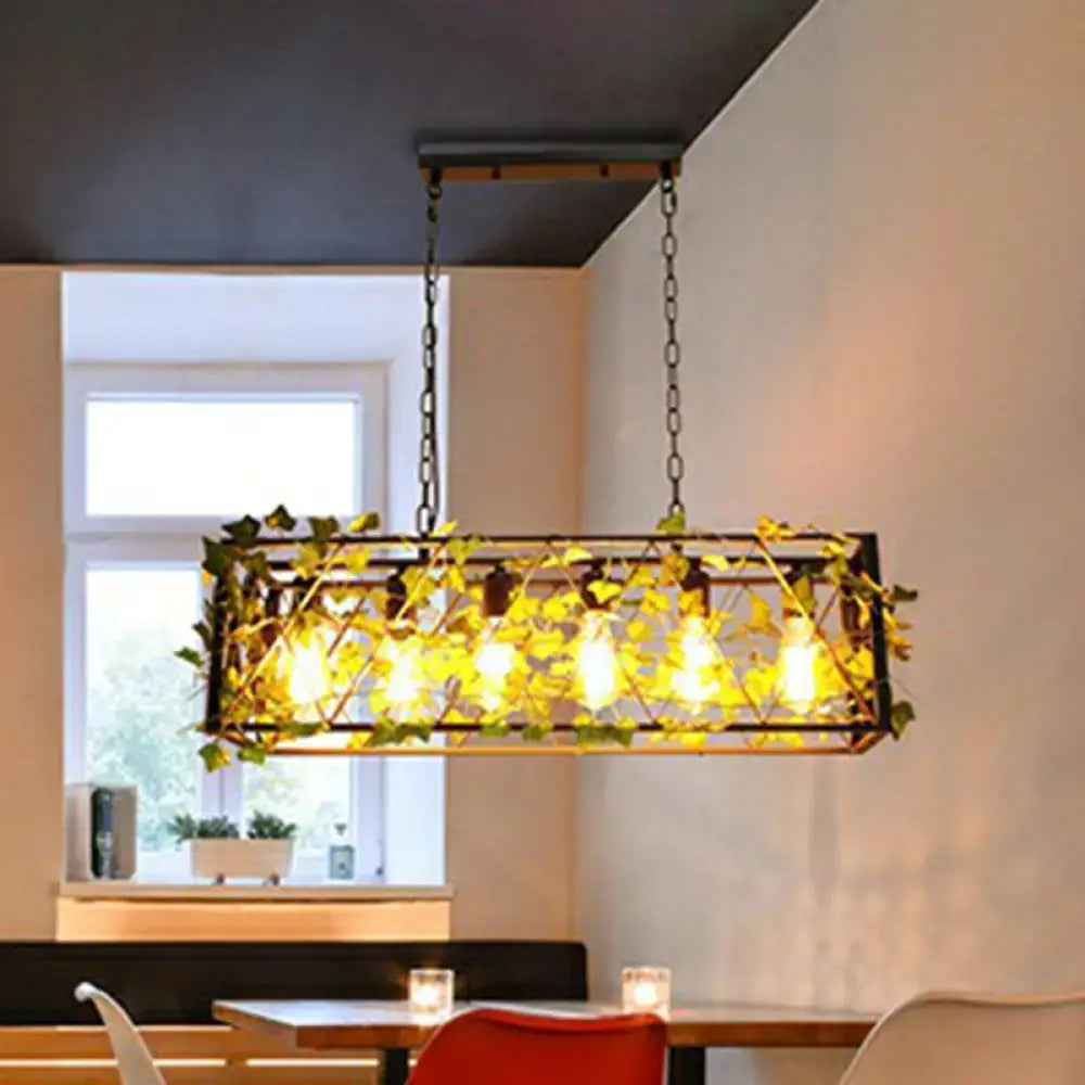 Decorbites industrial cage metal pendant light with black frame and green imitation leaf vines for dining room use