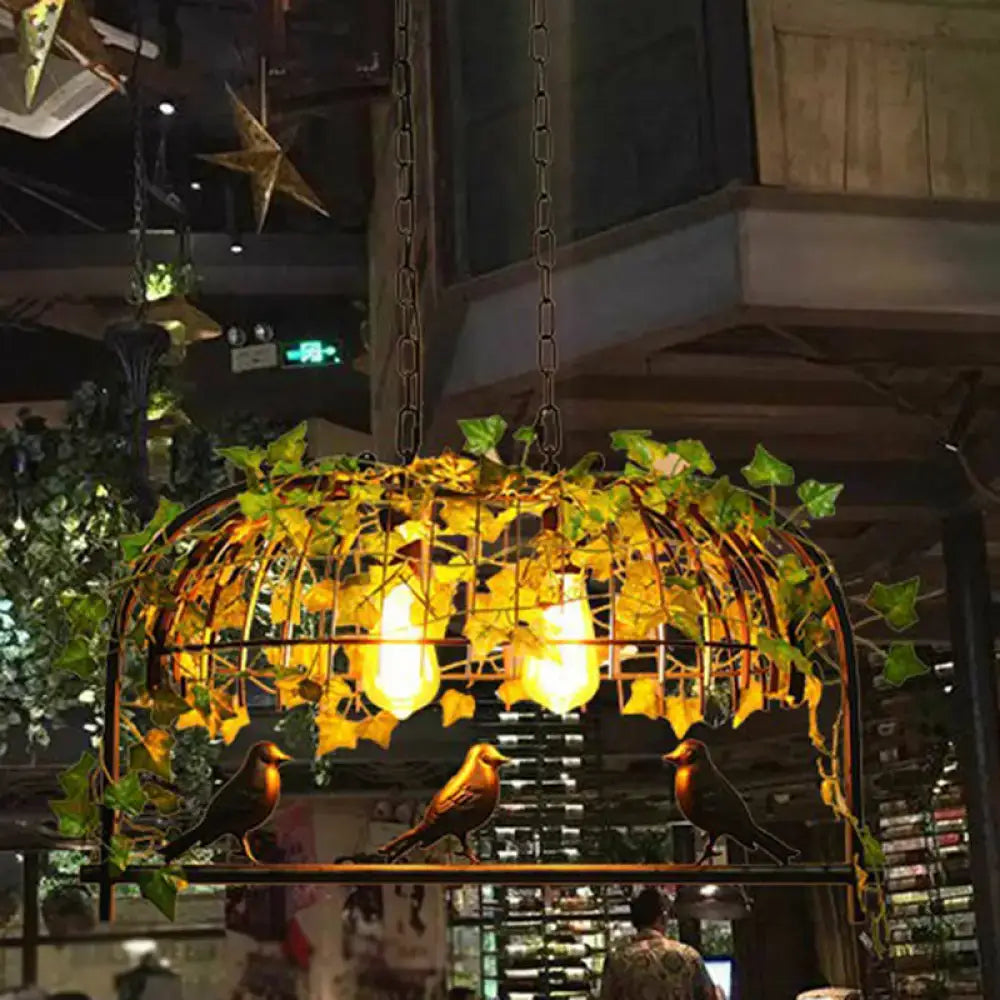 Decorbites industrial cage metal pendant light with rustic bronze finish imitation leaf and decorative birds for dining room
