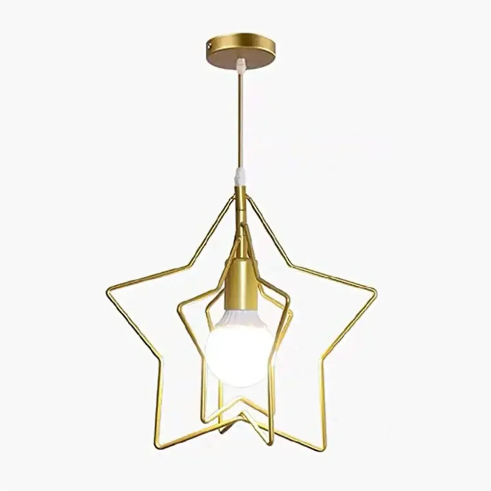 Gold star-shaped decorbites industrial chandelier with sleek black metal frame and exposed bulb for living room lighting