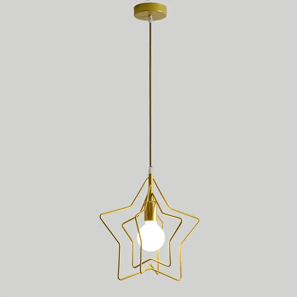 Gold star-shaped pendant light with frosted glass bulb and layered wireframe in decorbites industrial chandelier design