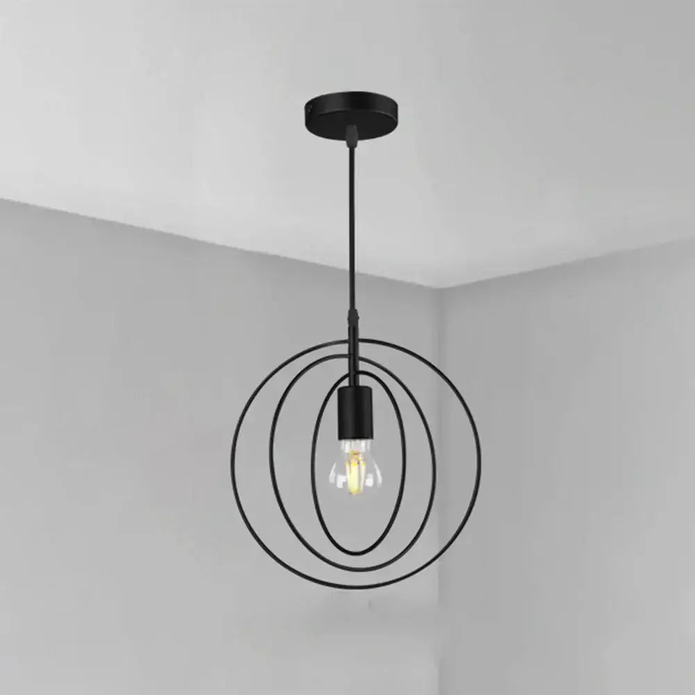 Black metal decorbites industrial chandelier with concentric circular rings and visible filament bulb for living room lighting
