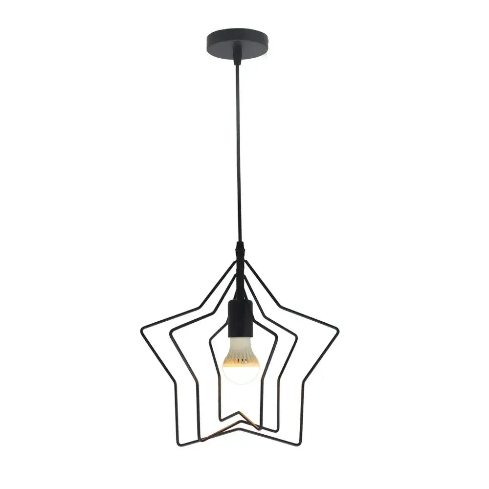 Black metal star-shaped pendant light with layered wireframe design and exposed bulb in decorbites industrial chandelier