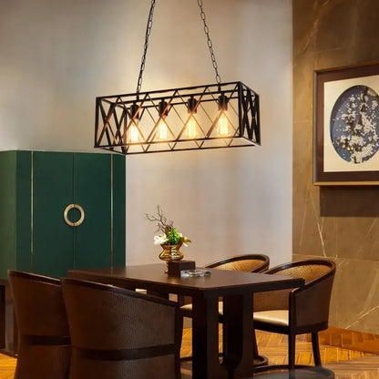 Black metal industrial chandelier with rectangular frame and exposed filament bulbs by decorbites industrial chandelier