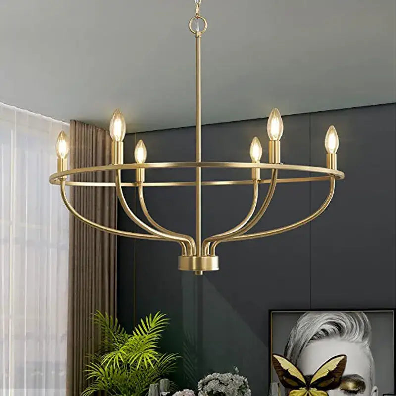 Gold-finished decorbites industrial chandelier with six exposed bulbs and minimalist design for living room lighting