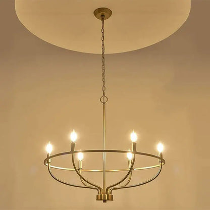 Brass-finished decorbites industrial chandelier with six exposed bulbs and circular minimalist design for living room lighting
