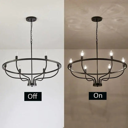 Black wrought iron decorbites industrial chandelier light with eight candle-style bulbs for living room use