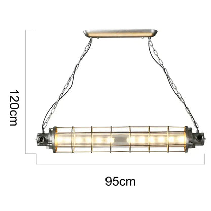 Decorbites industrial chandelier featuring a rectangular metal cage with warm led bulbs suspended by chains for loft cafe lighting