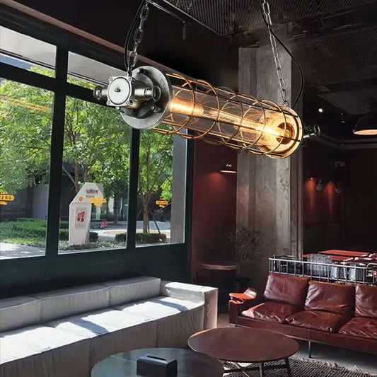 Decorbites industrial chandelier retro metal cage light with exposed filament bulb suspended by chains for cafe loft