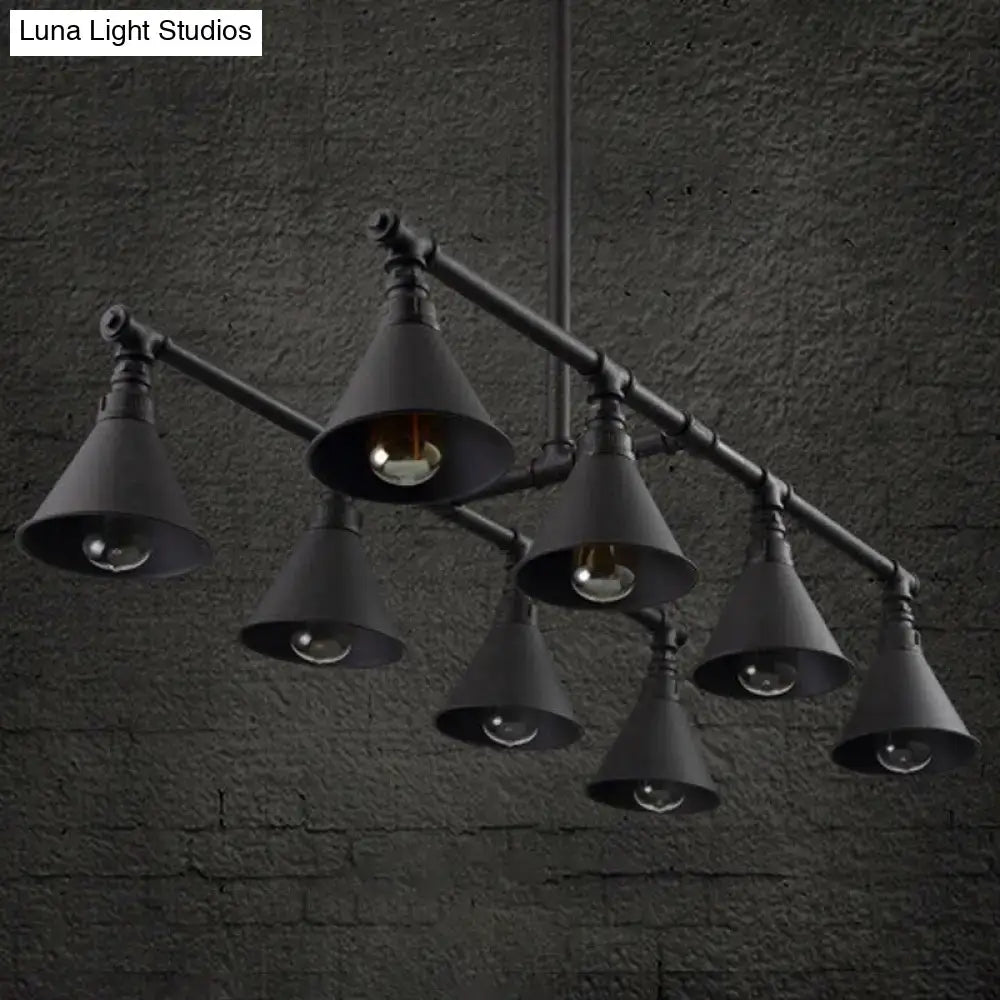 DecorBites™ industrial conical iron pendant light with 8 black metal shades and exposed bulbs for wine bar