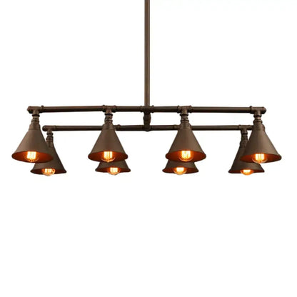 Decorbites industrial pendant light with five black iron conical shades and dark bronze pipe frame for wine bar lighting