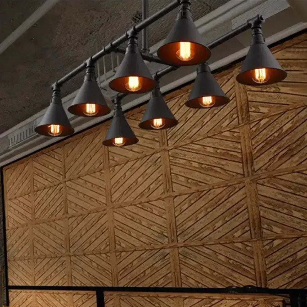 Decorbites™ industrial conical iron pendant light with 8 black metal exposed filament bulbs for wine bar lighting