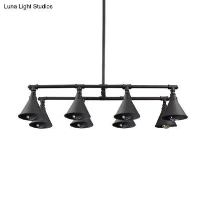 Decorbites™ industrial pendant light with eight black iron conical shades arranged in two rows for wine bar lighting