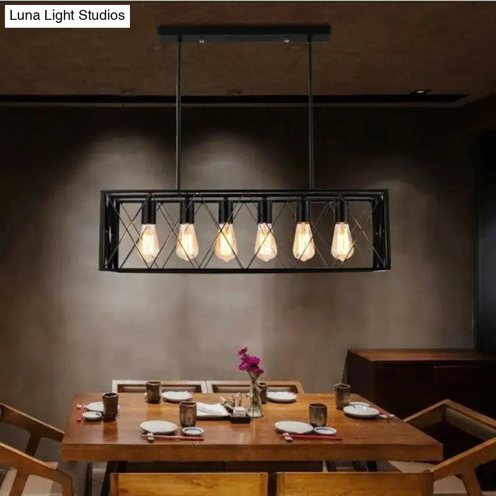 DecorBites industrial cross framed pendant light in black metal with five exposed edison bulbs for dining room