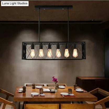 DecorBites industrial cross framed pendant light in black metal with five exposed edison bulbs for dining room
