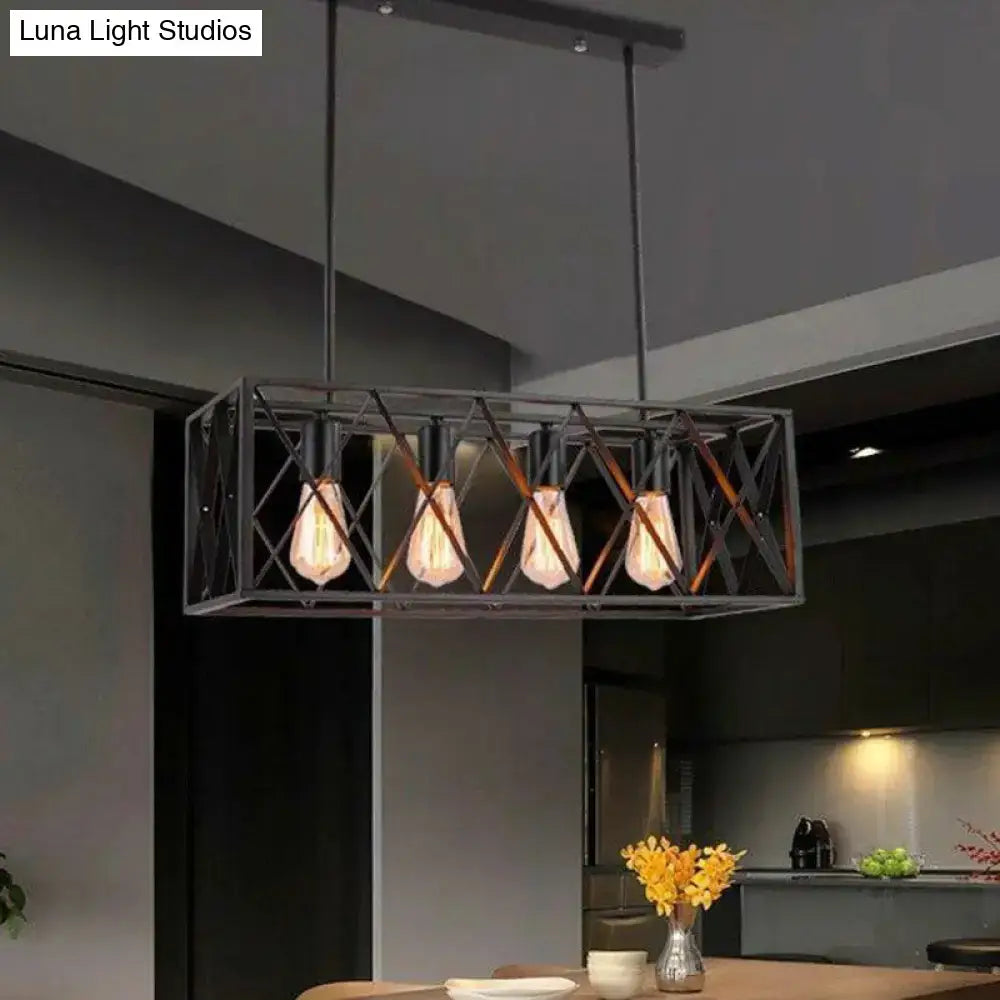 DecorBites industrial cross framed black iron pendant light with four Edison bulbs for dining room 110v-120v use