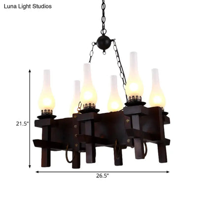Dark brown wrought iron chandelier with five frosted glass flame-shaped bulbs for 110v-120v and 220v-240v use