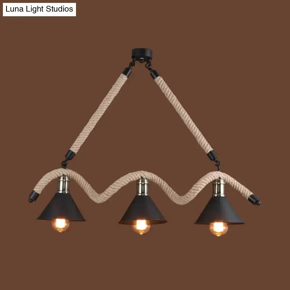Industrial-style three-light pendant lamp with thick beige rope suspension and black conical shades compatible with e26 e27 incandescent fluorescent bulbs