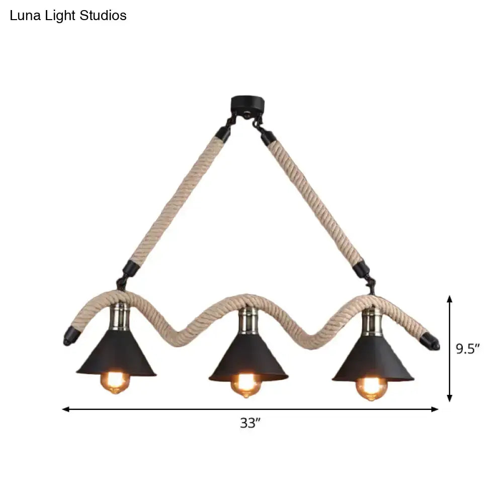 Decorbites™ industrial hemp pendant lamp in black with three e26 e27 led incandescent fluorescent bulbs and beige rope suspension