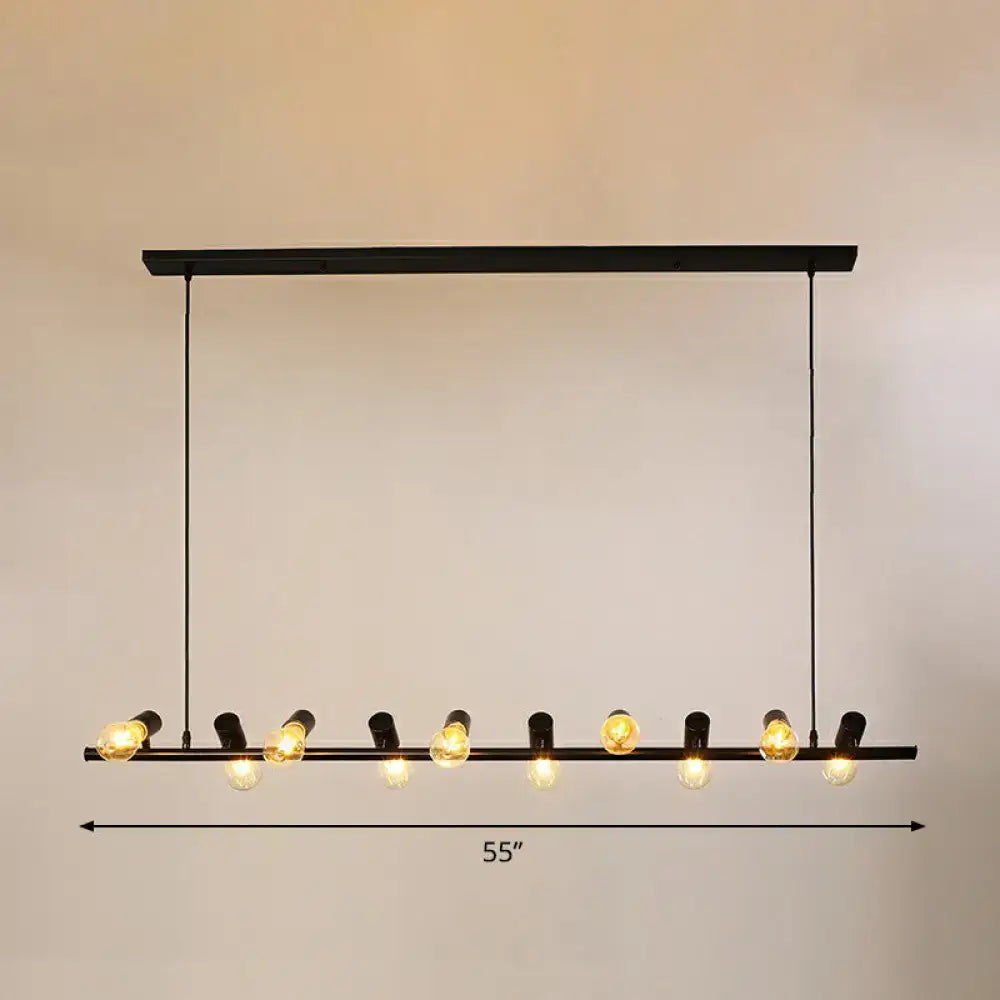 DecorBites™ industrial iron ceiling light in black with ten exposed light bulbs for dining room island lighting