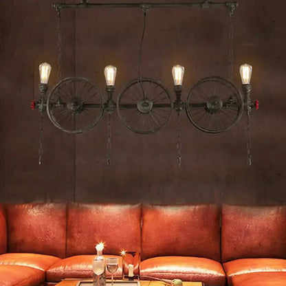 Decorbites industrial iron hanging light fixture in black with three bicycle wheel heads for living room island lighting