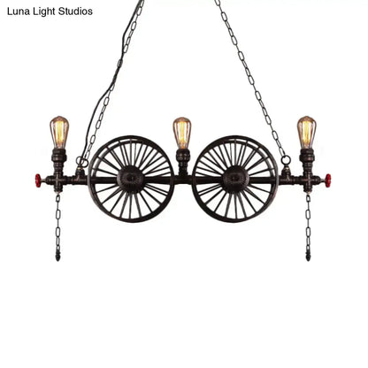 DecorBites industrial iron hanging light fixture with black metal spoked wheels and three filament bulbs for living room