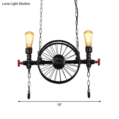 DecorBites industrial iron black hanging light fixture with bicycle wheel design and red valve handles for living room
