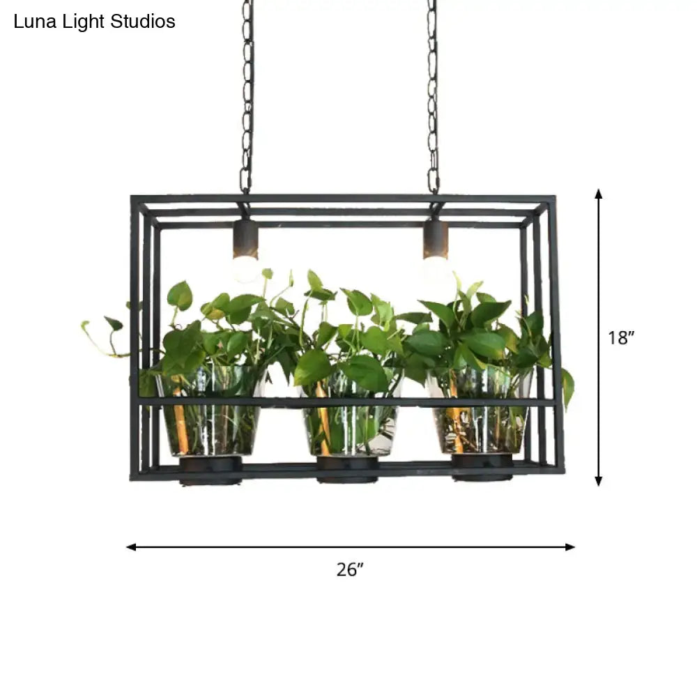 Black metal rectangular hanging planter with three clear glass plant pots holding green leafy plants in decorbites™ lamp