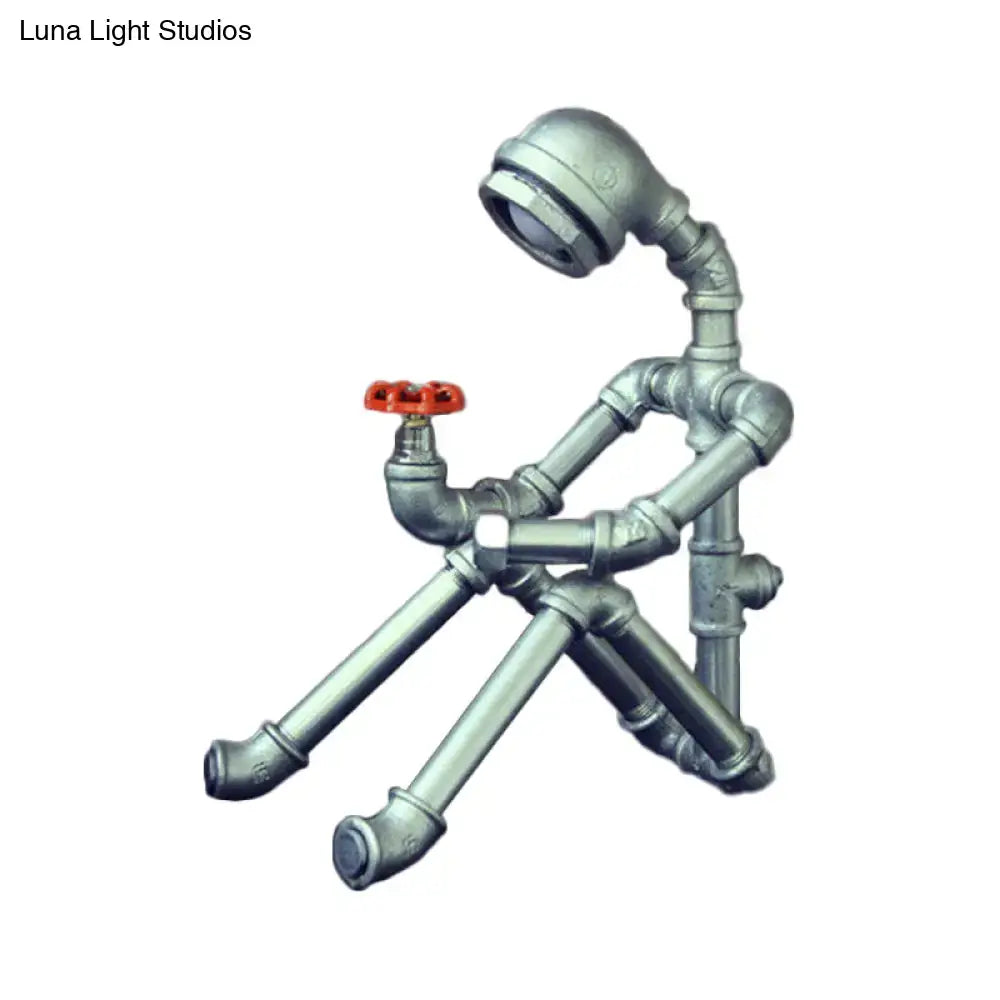 Decorbites industrial iron pipe-man bedside night lamp with metallic silver finish red valve accents 110v-120v 220v-240v light type
