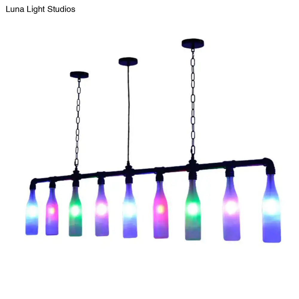 Decorbites industrial iron pipe pendant light with nine repurposed glass bottles glowing with multi-color led e26 e27 bulbs