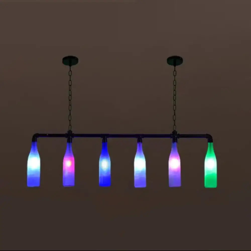 Decorbites™ industrial iron pipe wine bottle pendant light with five multi-color led e26 e27 bulbs in repurposed glass bottles