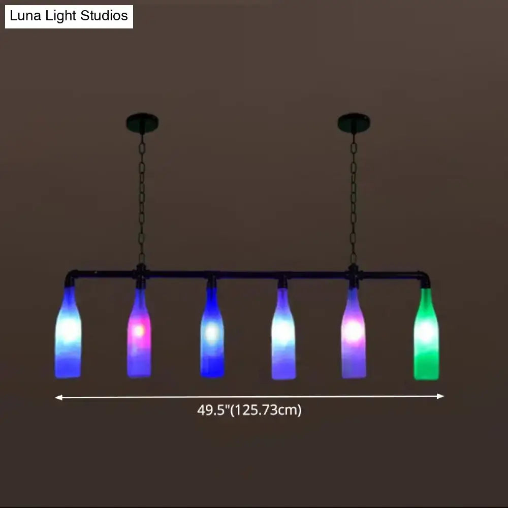 DecorBites™ industrial iron pipe pendant light with five e26 e27 glass bottles glowing blue purple and green LEDs