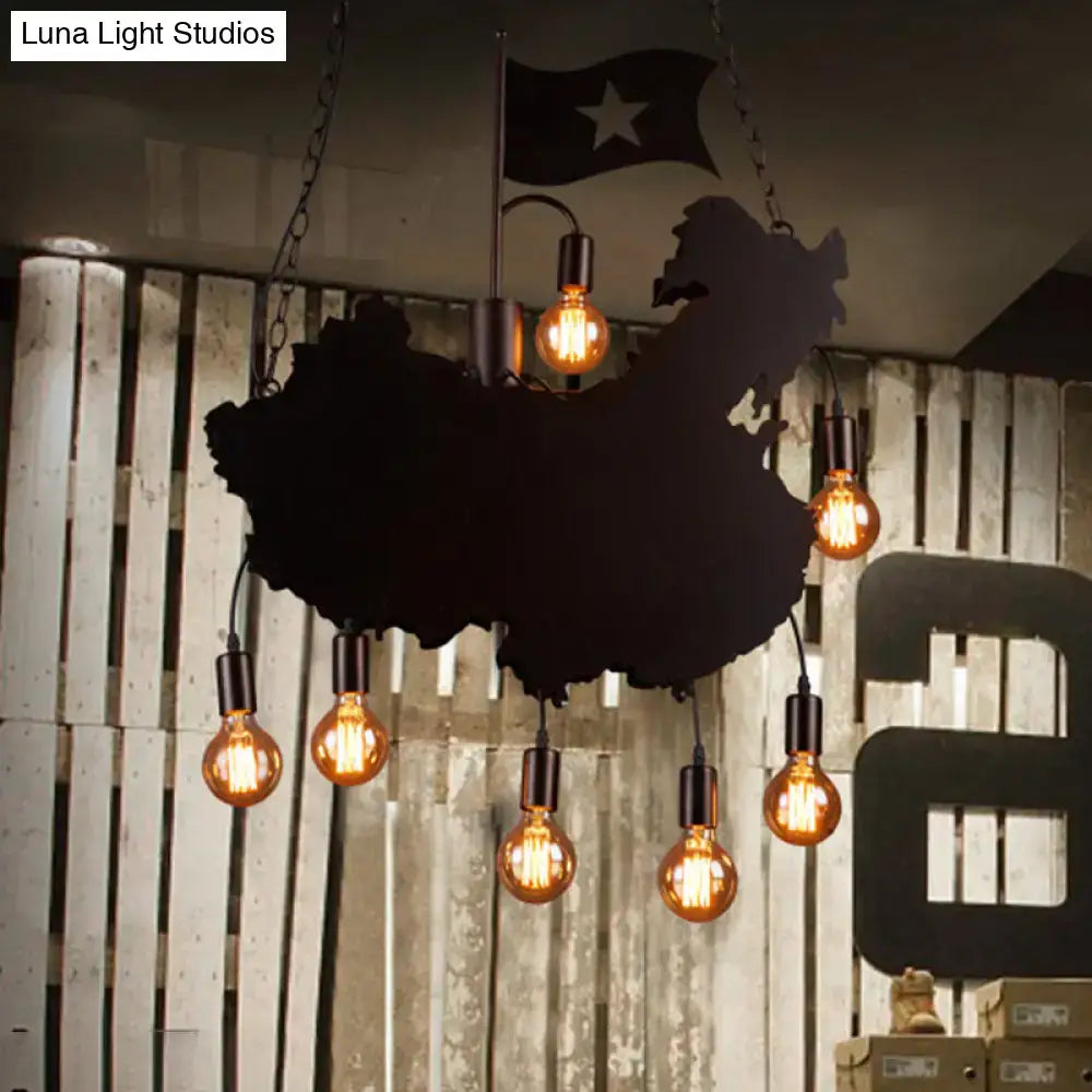 DecorBites™ black iron map of China chandelier with exposed filament bulbs hanging light kit for industrial decor