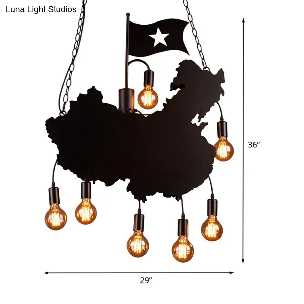 Decorbites industrial island pendant hanging light kit iron black metal map of china with six amber bulbs and flag