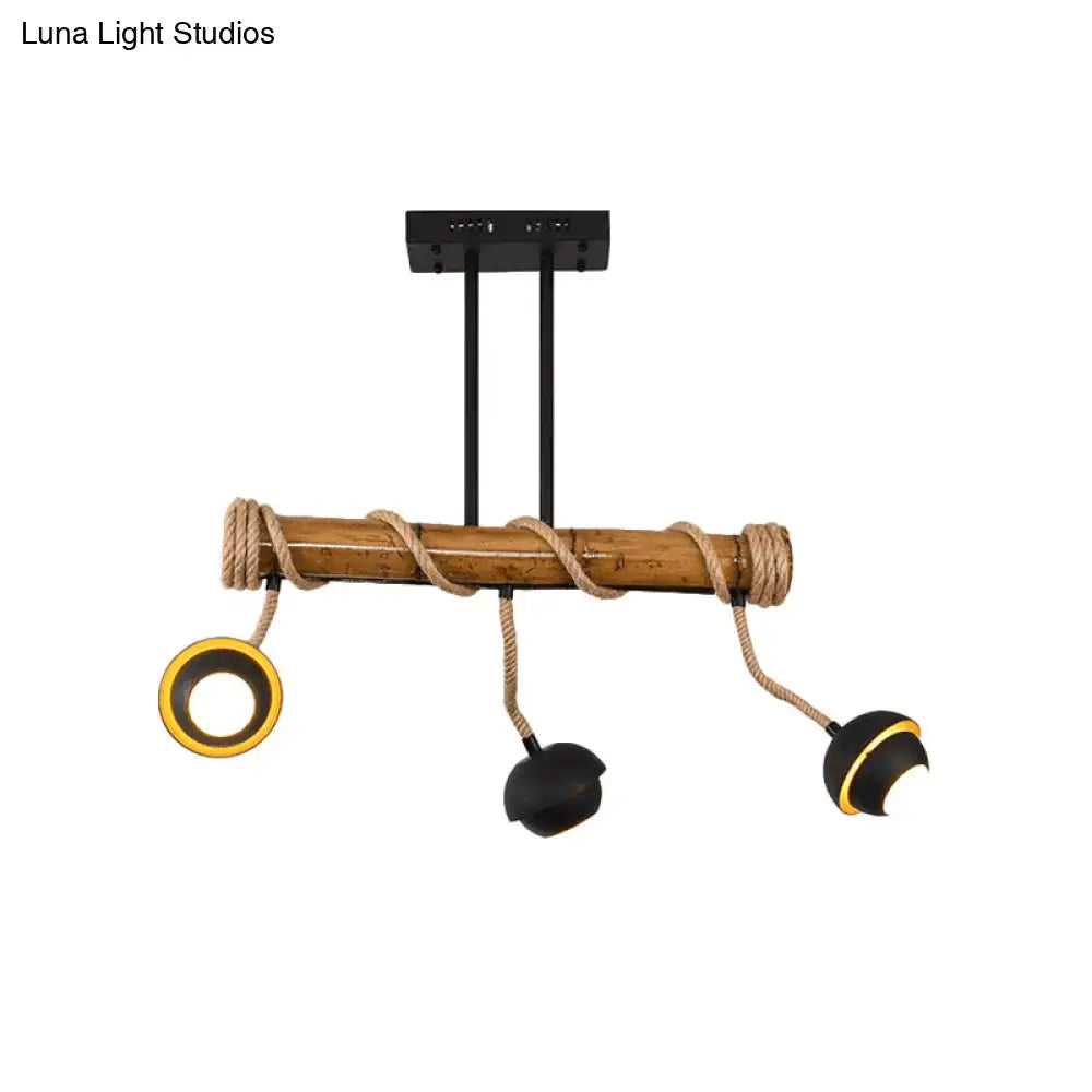 DecorBites industrial linear chandelier with bamboo tube and rope, black iron pendant lamp, three adjustable spotlights