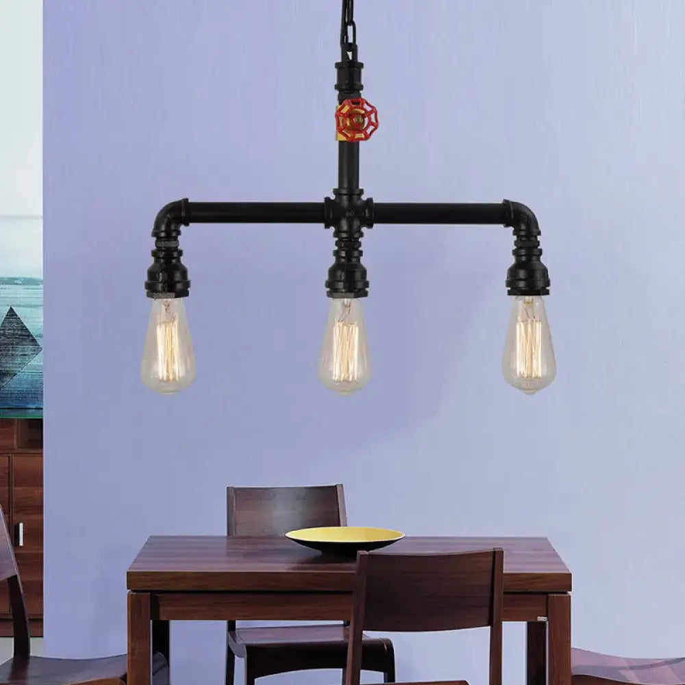 DecorBites industrial metal ceiling light with three exposed bulbs and black pipes featuring red valve decor accent