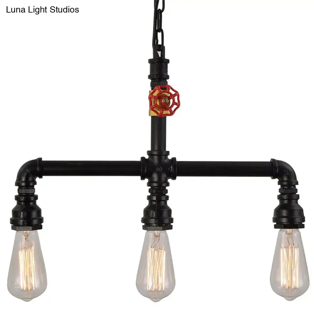 DecorBites™ industrial metal ceiling light with three black pipe heads and red valve decor for restaurant island use