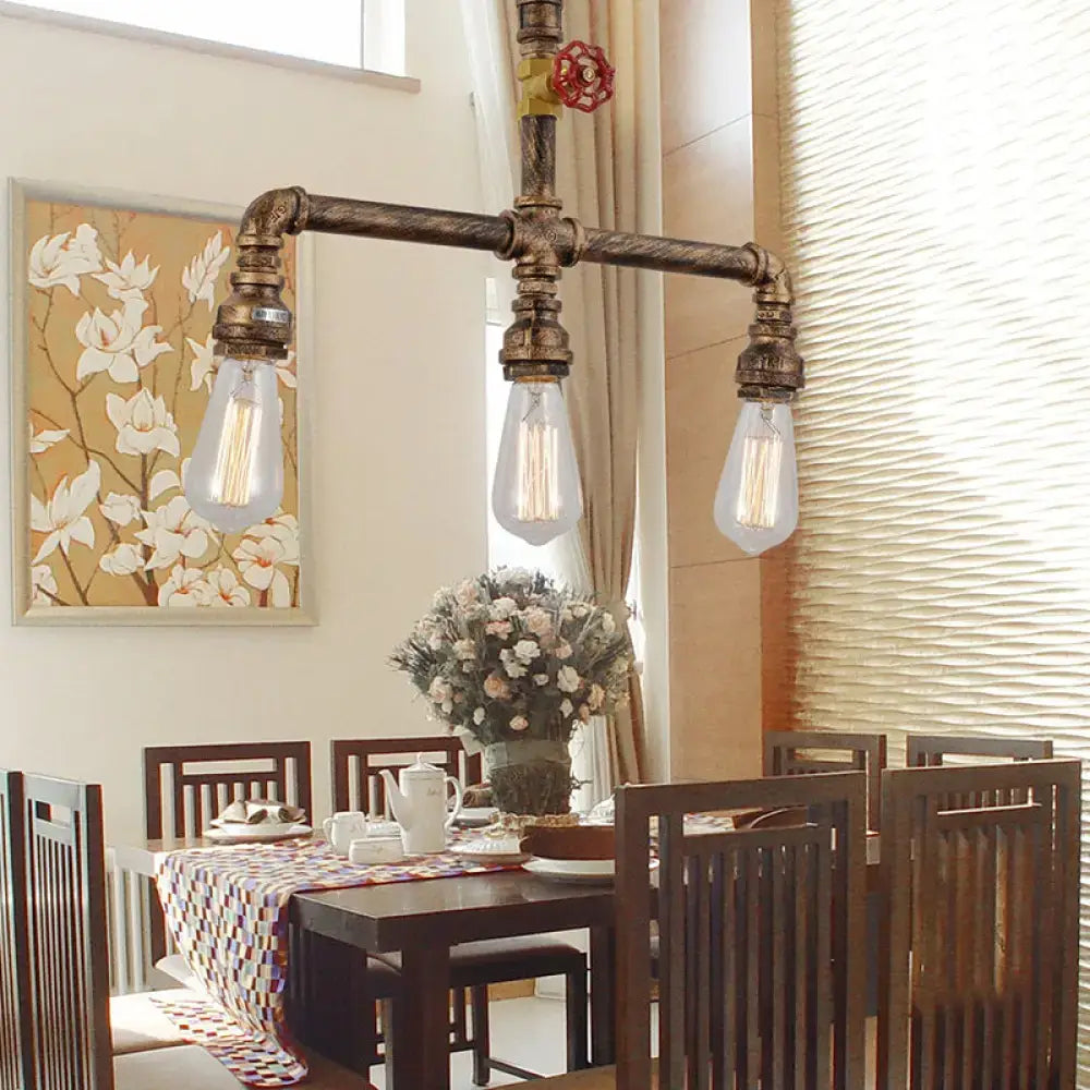 Decorbites™ industrial metal ceiling light with three brass pipes, red valve decor, and exposed filament bulbs