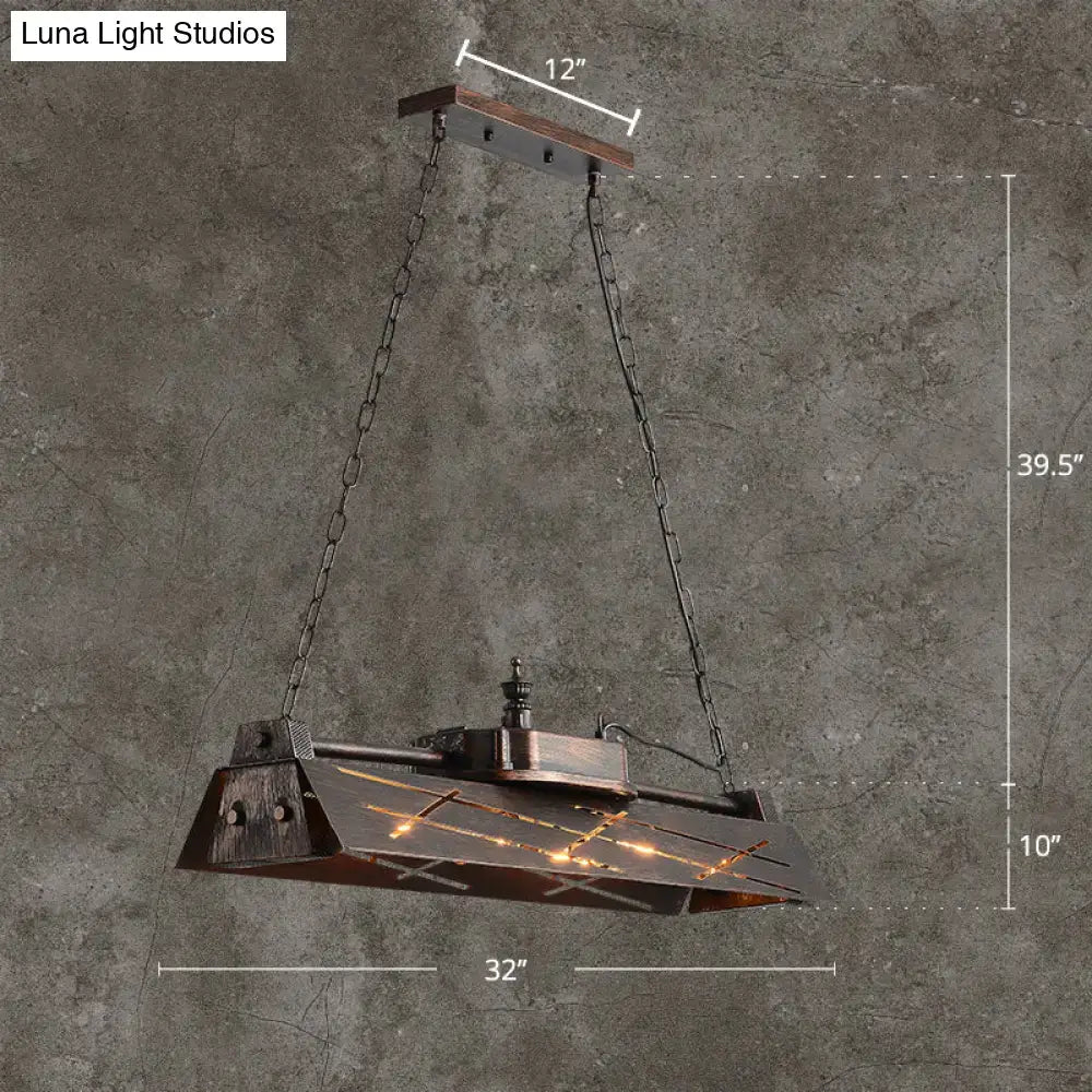 Industrial metal 4-light suspension lamp with dark bronze frame chain suspension and geometric hollow-out design for dining island