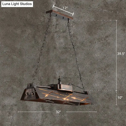 Industrial metal 4-light suspension lamp with dark bronze frame chain suspension and geometric hollow-out design for dining island