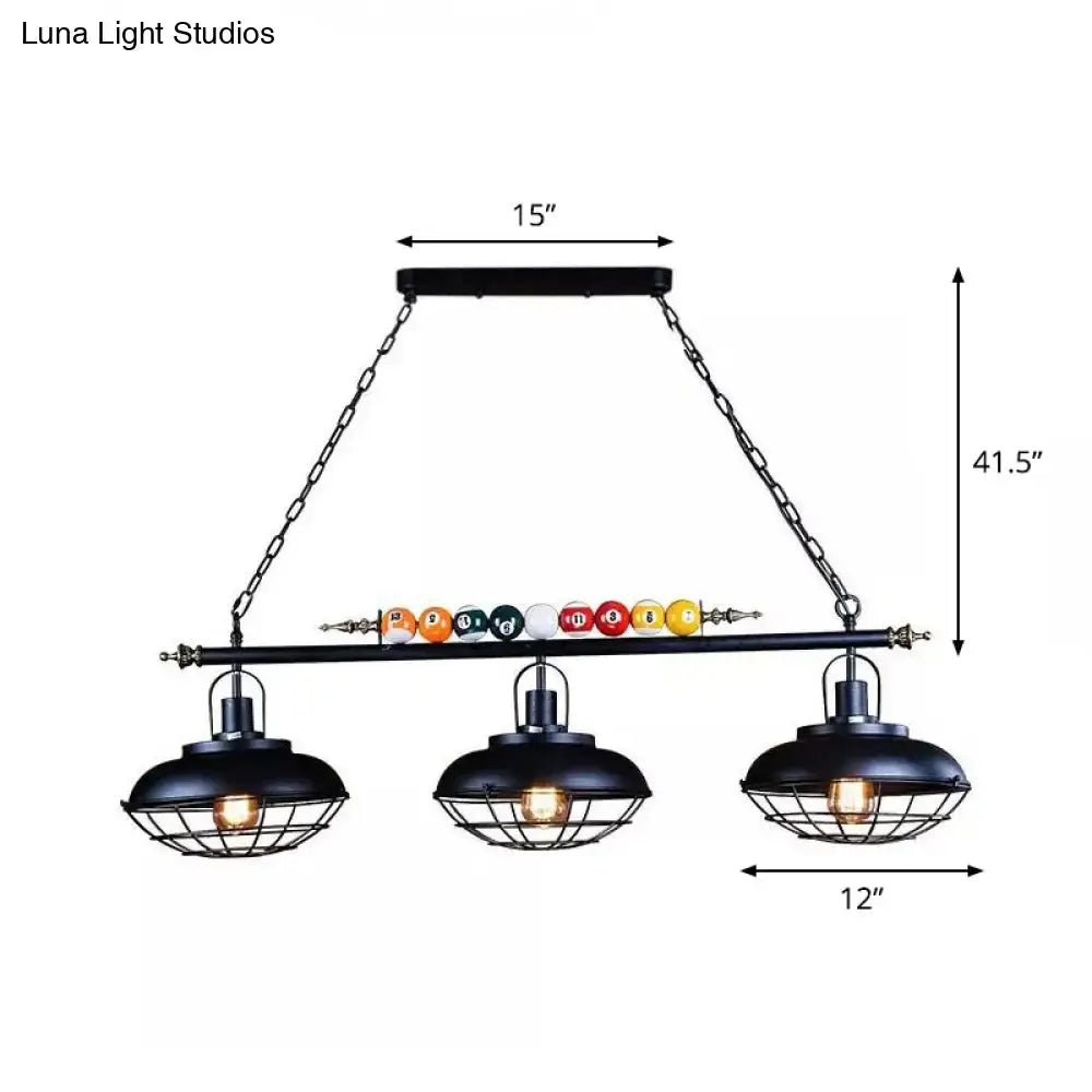 Black industrial style DecorBites™ metal billiards island light with three bowl shade lamps and chain cord length for restaurants