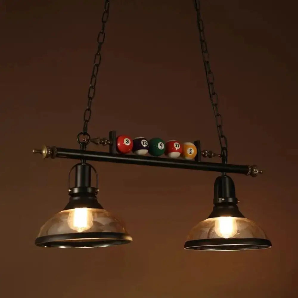 DecorBites industrial metal billiards island light with bowl shade, black finish, chain cord length, and numbered balls