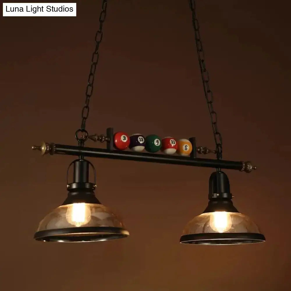DecorBites™ industrial metal billiards island light with black frame, bowl shade, chain cord length, and colorful balls