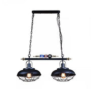DecorBites industrial metal billiards island light with black bowl shade, chain cord length, and cage-encased bulbs