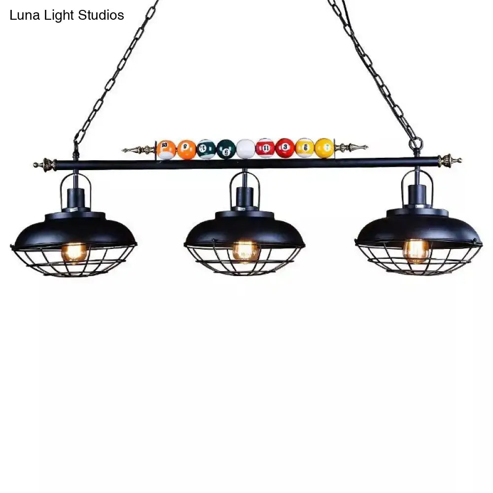 Decorbites™ industrial metal billiards island light features three black bowl shade lamps with chain cord length for restaurants